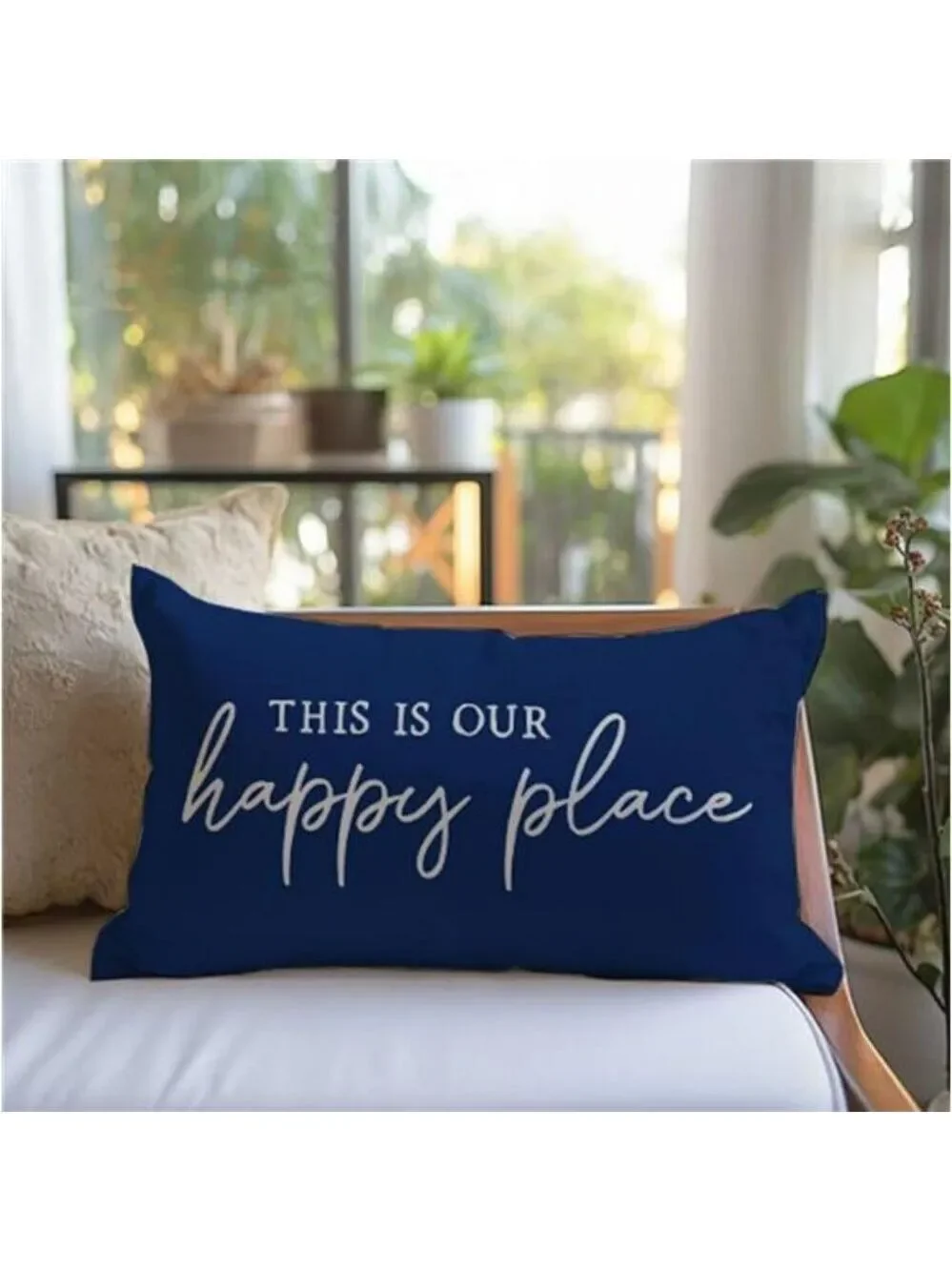 Happy Place Pillow Cover 12x20 Blue Farmhouse Lumbar Cushion Case for Couch Sofa